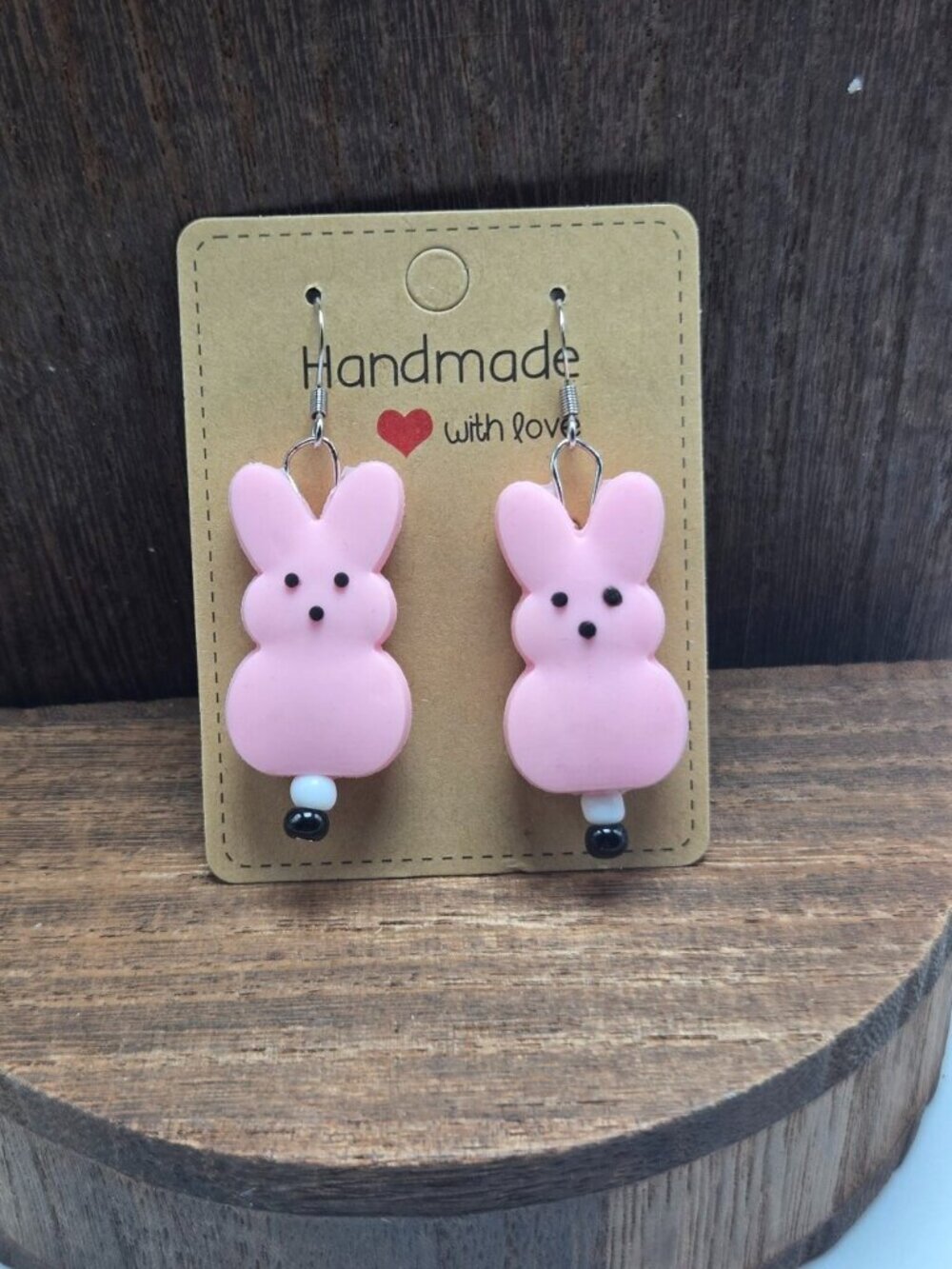 NWT Pink Peeps Earrings Pierced Easter Glass Beads Dangle Drop Light Weight OOAK